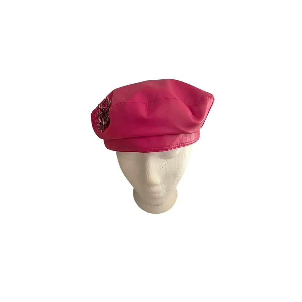 NEW Faux Leather Beret Hat Womens Hot Pink Detachable Crystal Brooch Pin 56-58cm